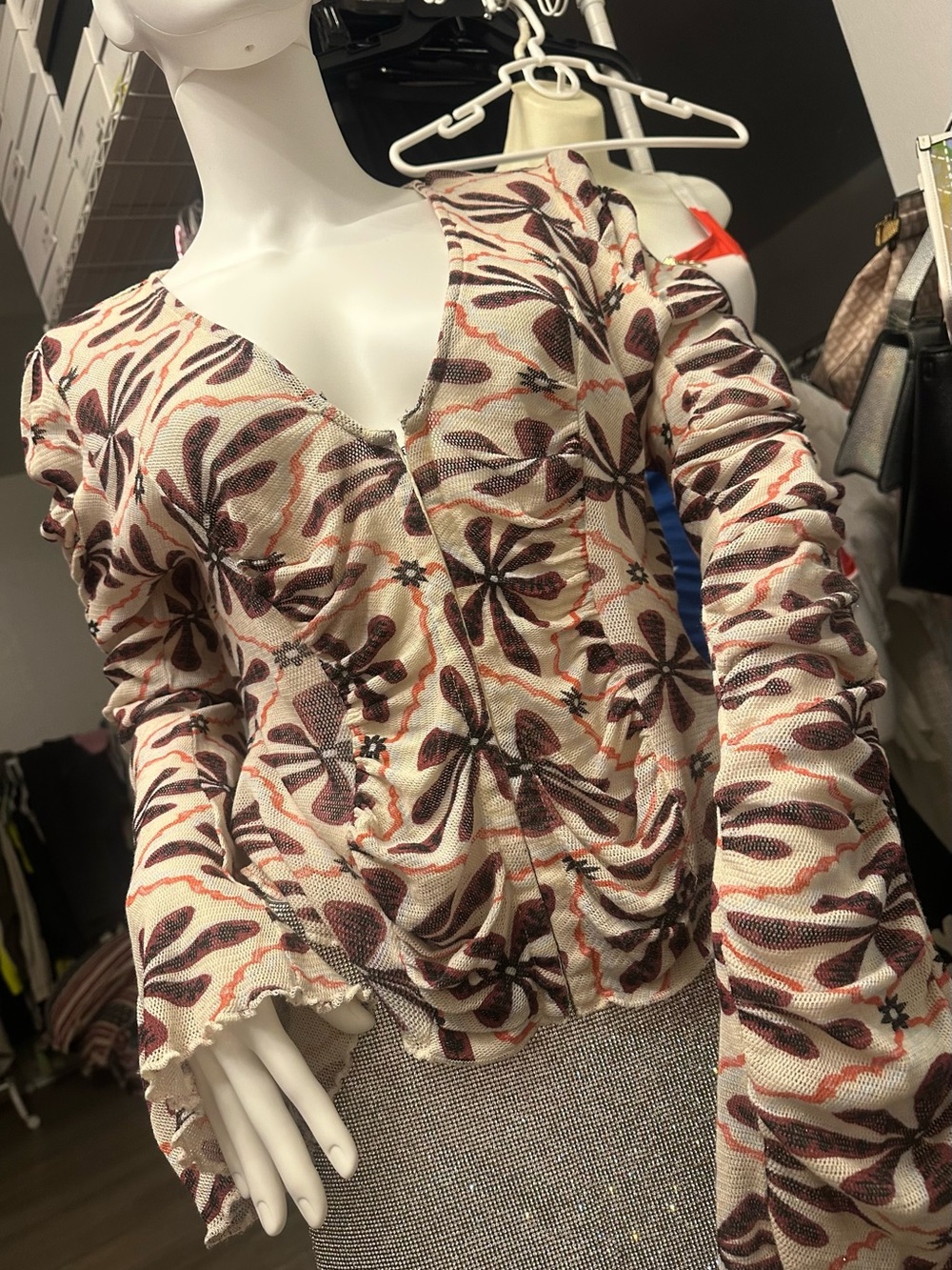 Free People M Floral V-Neck Long Sleeve Top